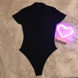 Deep V Black short sleeve bodysuit